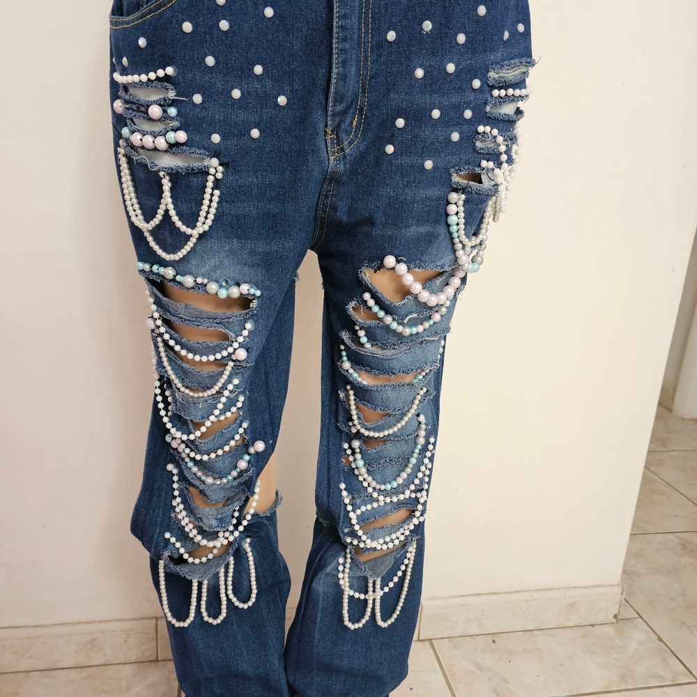 Pearl Embellished Blue Jeans